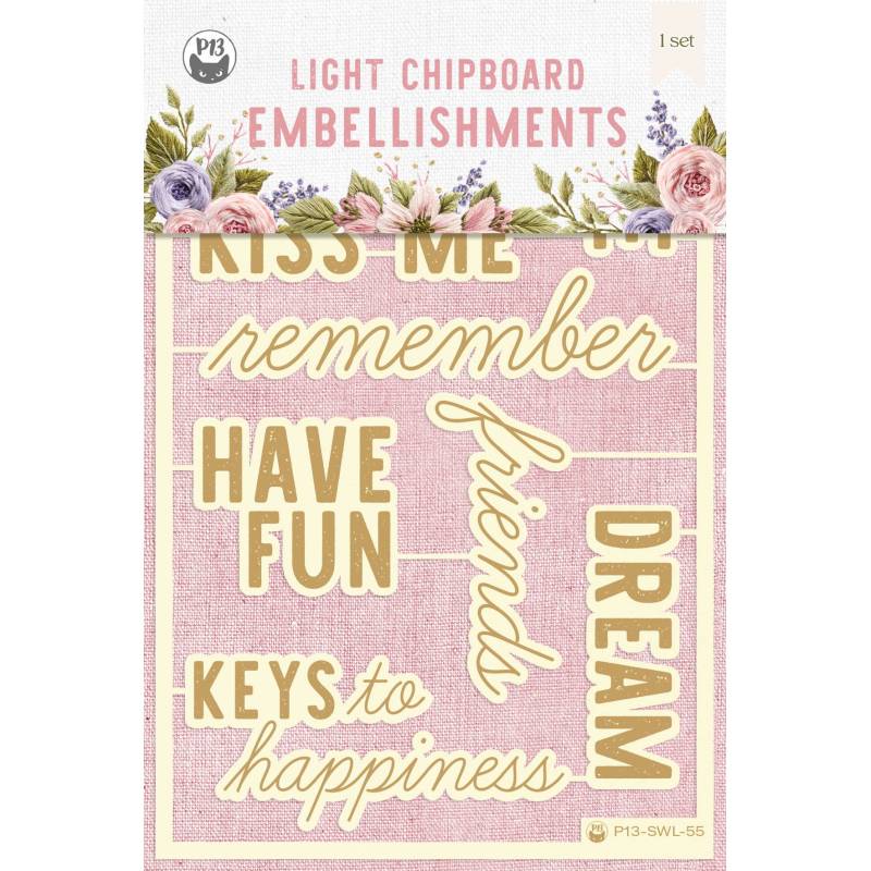Light chipboard embellishments Stitched with love 08 ENG, 8pcs