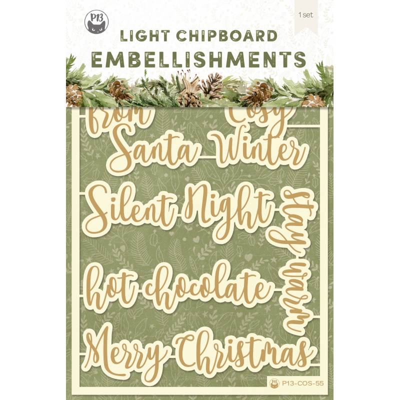 Light chipboard embellishments Cosy Winter 06 ENG, 8pcs